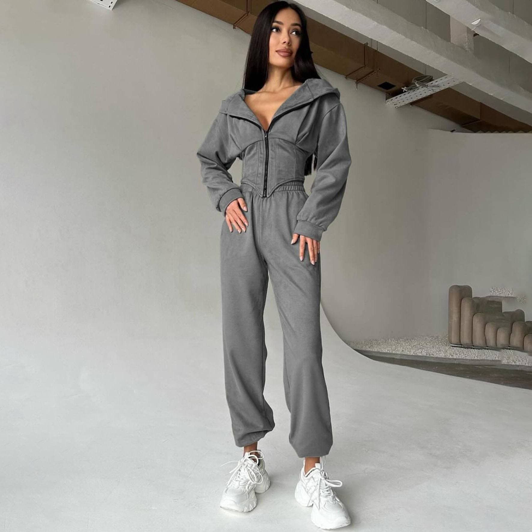 Women's Solid Color Waisted Hooded Sweatshirt Trousers Suit Sports Casual Trousers Two-piece Suit For Women