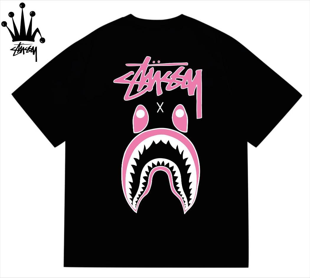 Stussy&Bape Co Branded Logo And Shark Pattern Printed Casual Loose Cotton Short Sleeved T-shirt For Men And Women