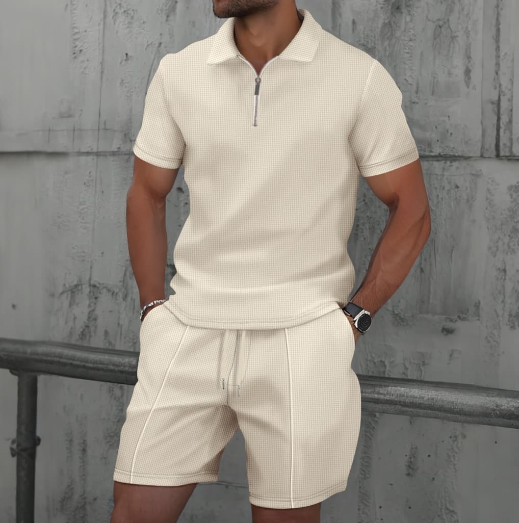 [BreezeFit] Men's Summer Set - Waffle Knit Polo & Shorts | Moisture-Wicking Casual Outfit