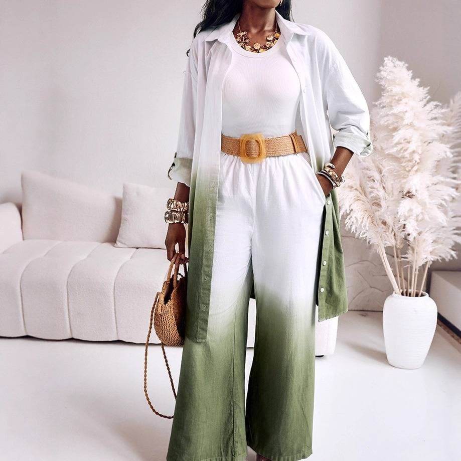 ​​Women’s Gradient Dye Print Long Sleeve Shirt & High-Waist Wide Leg Pants Set – Stylish Two-Piece Outfit For Effortless Elegance​​