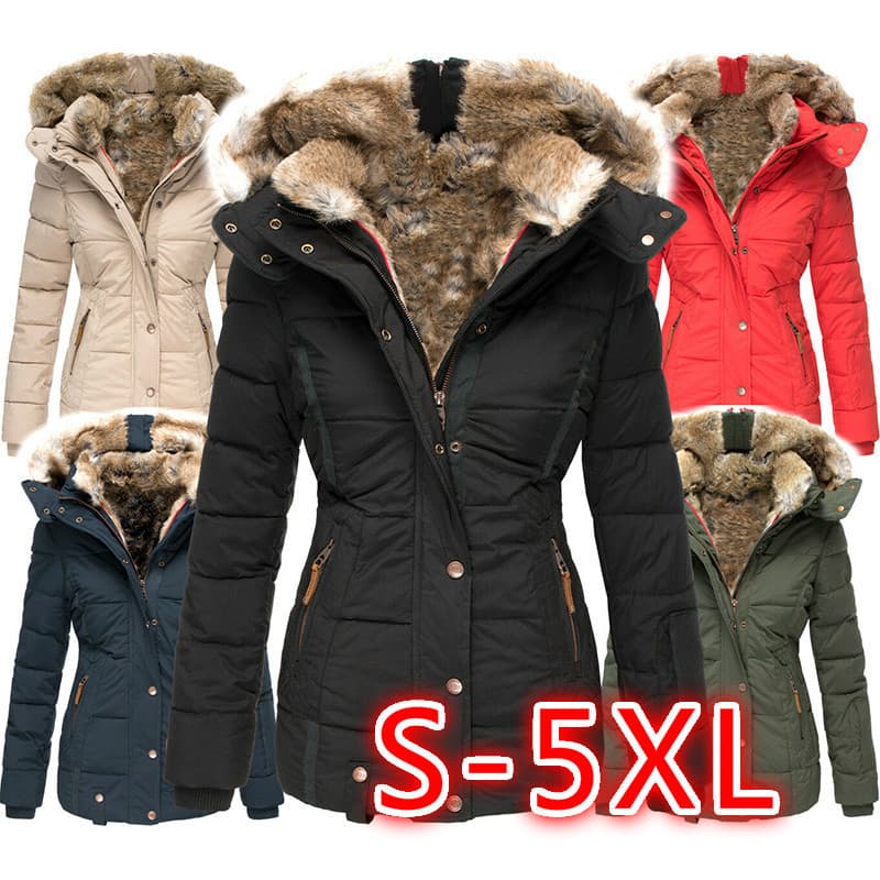 Women's Winter Warm Faux Fur Trim Hooded Zip-Up Long Sleeve Slim Fit Cotton Coat W128 - Pink, Red, Black, Army Green, Blue, Beige