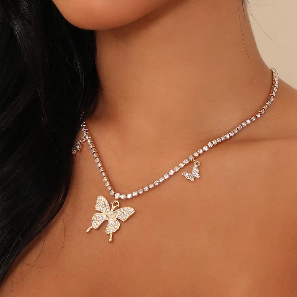hot selling jewelry hollow butterfly rhinestone necklace clavicle chain trendy shiny butterfly necklace choker