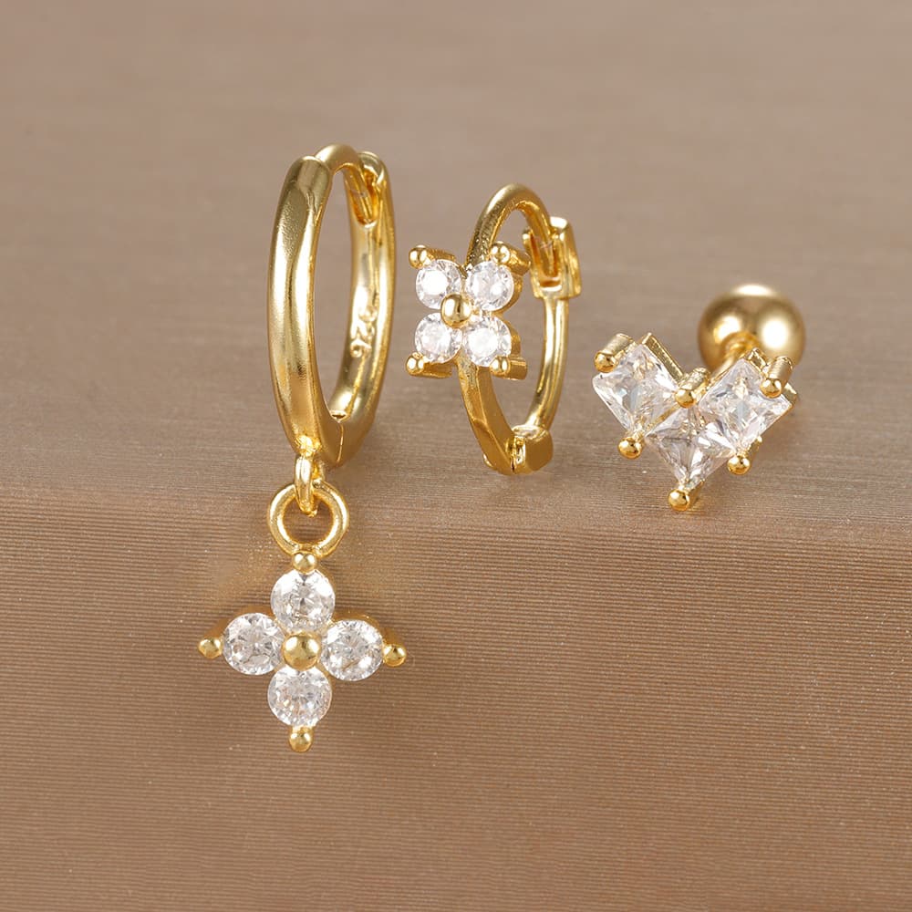 Jewelry & Accessories fashion geometric earrings, micro inlaid zircon floral earrings set, light luxury ladies' personalized three piece earrings
