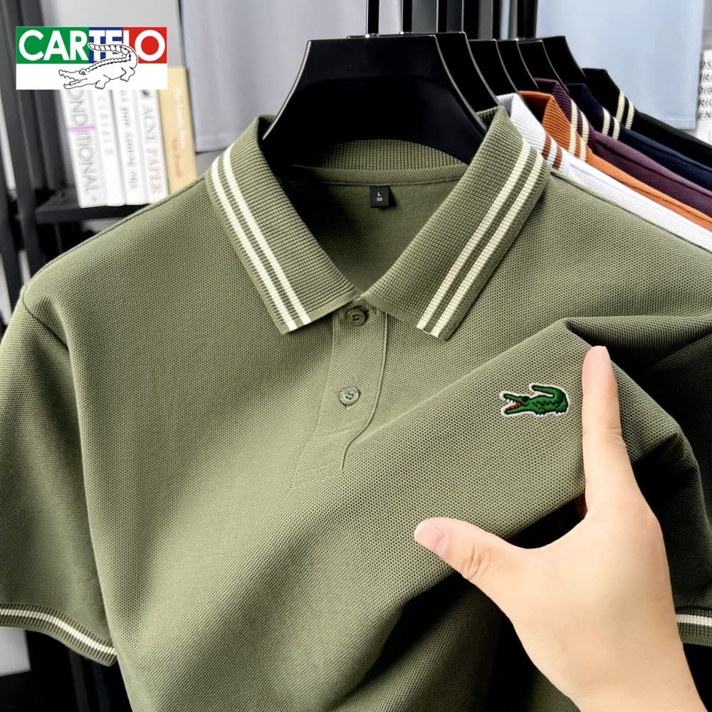 Crocodile Men's Short Sleeve Polo Shirt - Contrast Cuff Stripes, Spring Summer Casual & Smart Casual Top