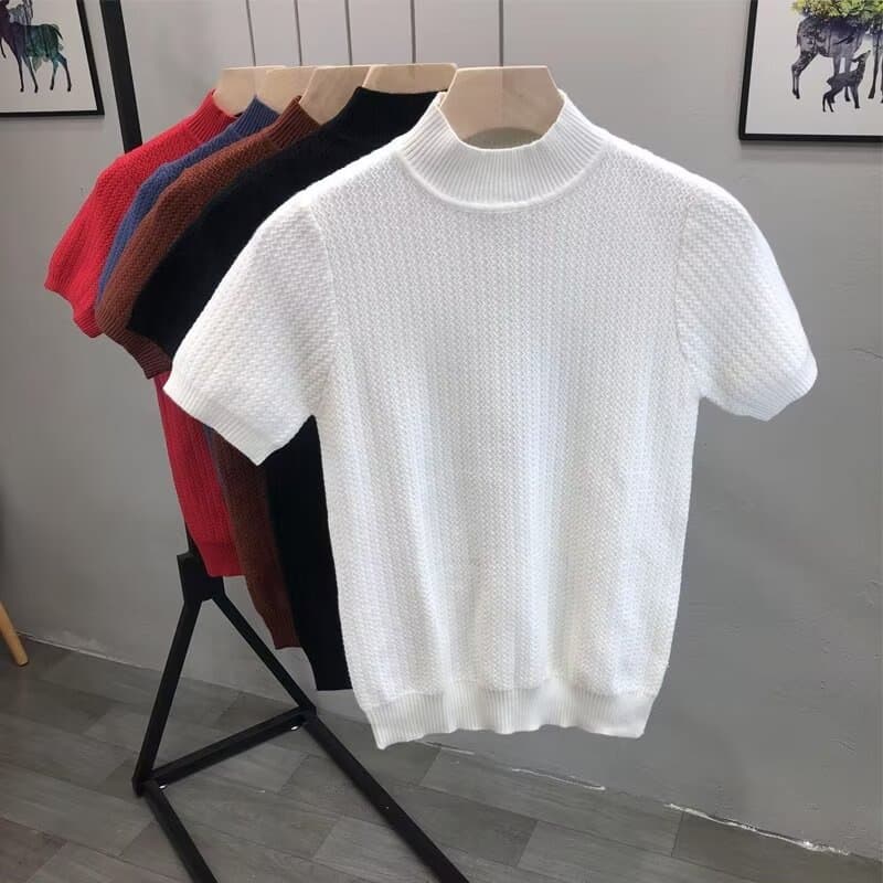 Men's Clothing High end new spring and summer knitted short sleeved half high collar T shirt men's slim inner top men's sweater bottoming shirt