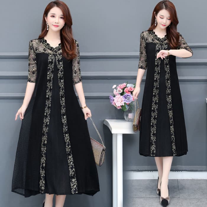 Summer Temperament Dress With Loose Five Quarter Sleeves Lace Women's Plus Size And Big Swing Long Skirt Trend
