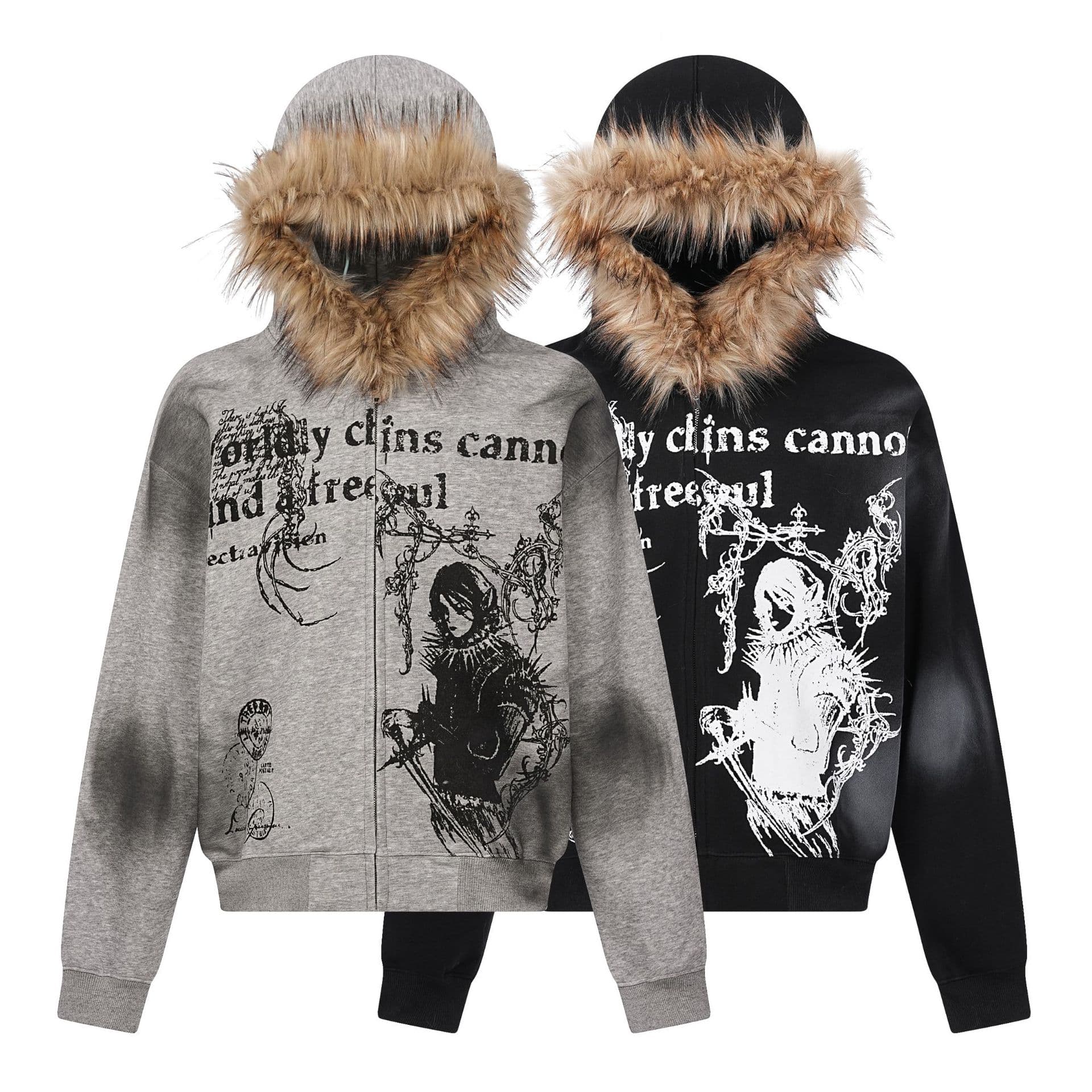 Men's Clothing Street Fur Collar Hoodie Wasteland Style Dirty Dyed Washed Cardigan Zipper Sweatshirt