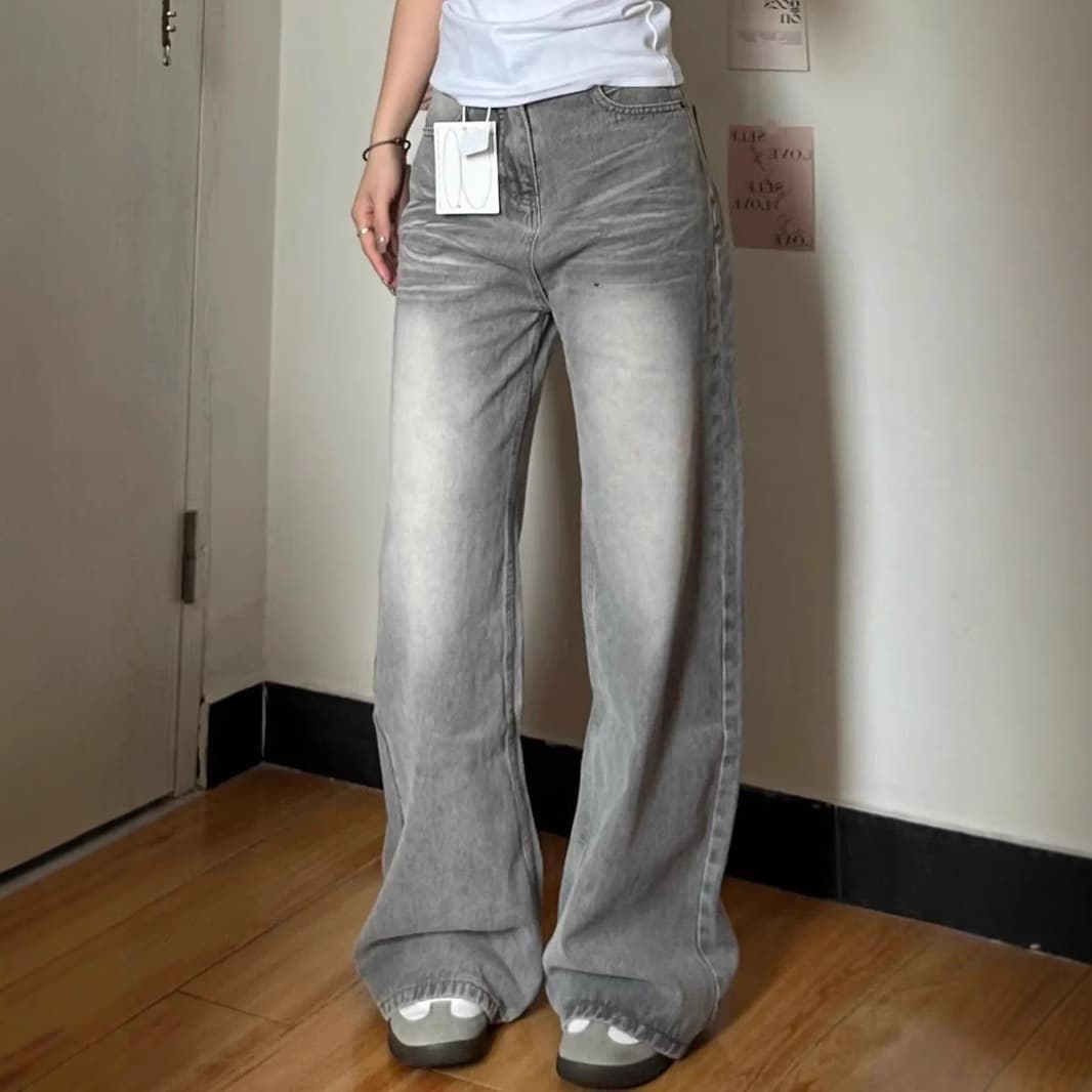 ​​High Waist Wide Leg Jeans For Women - Retro Washed Gray Denim Pants With Flowy Hem & Slight Stretch (Straight-Leg, Boho Chic)​​