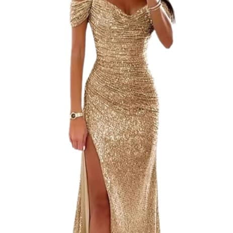Women's Clothing New Sequined One Shoulder Tube Top Evening Dress Large Swing Slit Sexy Fashion Dress