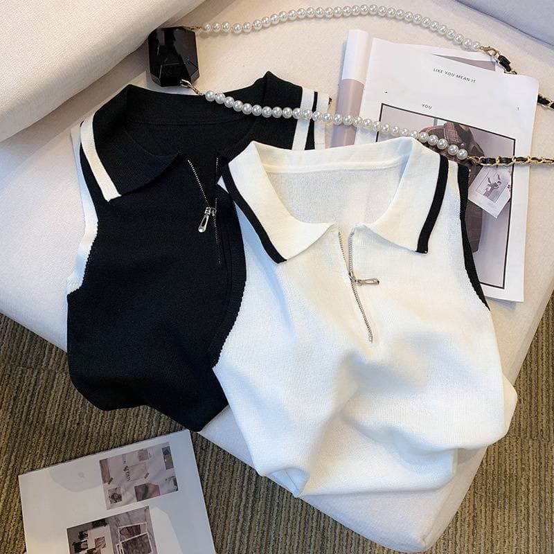 Women's Clothing Real Shot Of New Summer Design Niche Contrast Color Zipper Vest Suspenders Knitted Tops For Women