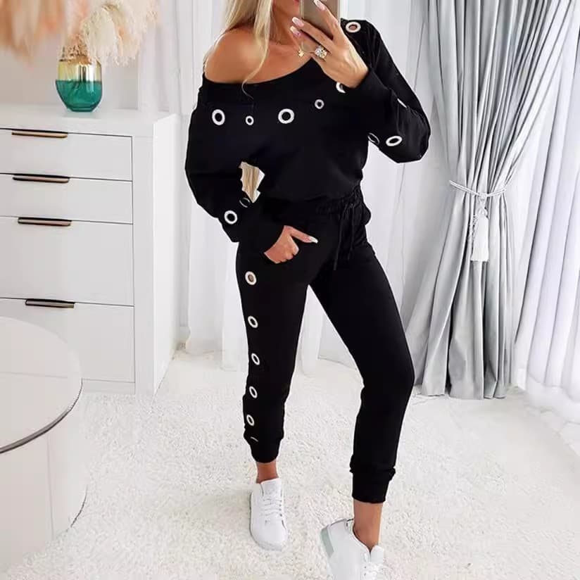 Women’s Clothing women's casual fashion slim long sleeved off shoulder top + pants two piece suit