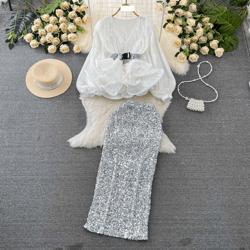Women's Clothing Fashion Suit, Ladylike Temperament, Lantern Long Sleeved V Neck Lotus Leaf Hem Shiny Shirt For Women, High Waisted Sequined Skirt