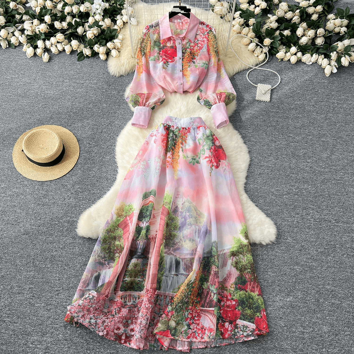 Women's Clothing style high end square neck puff sleeves slim top for women with elastic waist and slightly flared casual trousers two piece set