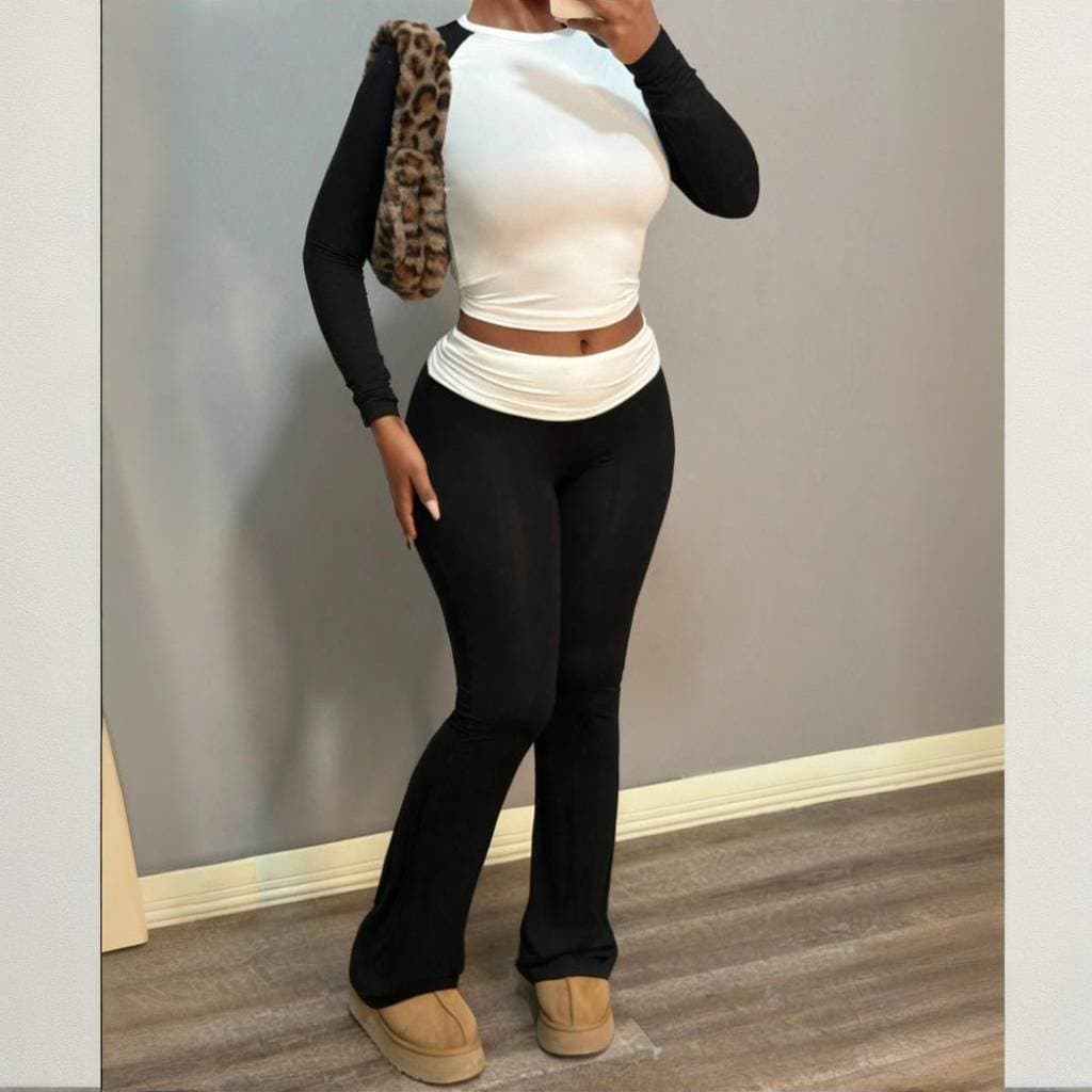 Fashionable Women's Casual Round Neck Long Sleeve Color Block T-Shirt With High Waist Flare Pants Set