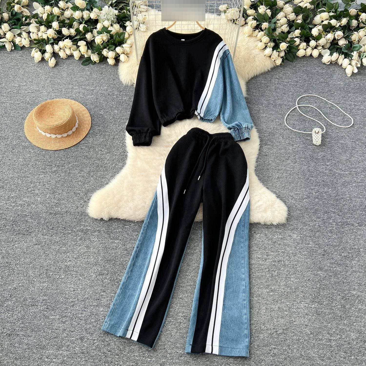 Women's Clothing ​​Retro Denim Two-Piece Set – Color-Block Long Sleeve Hoodie & Wide-Leg Jeans, Casual Street Style​​