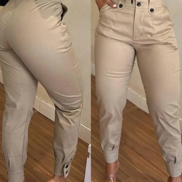 Women's Clothing Pants Fashionable High Waist Button Pocket Design Cuff Overalls Women's Casual Pants