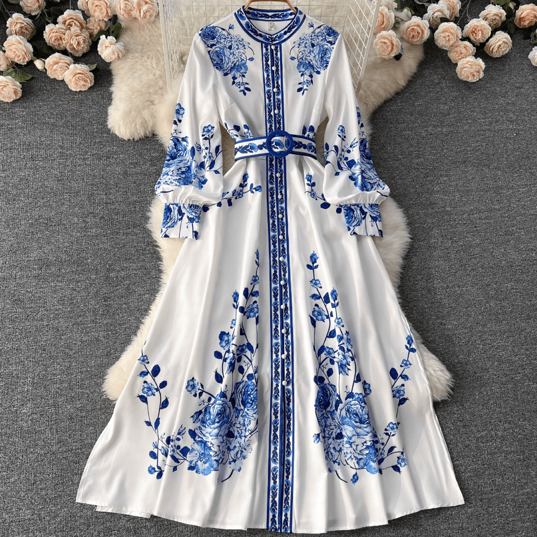Women's Clothing Blue And White Porcelain Print Stand Collar Single Breasted Stunning Skirt 1 Sense Of Elegance Temperament Big Swing Dress