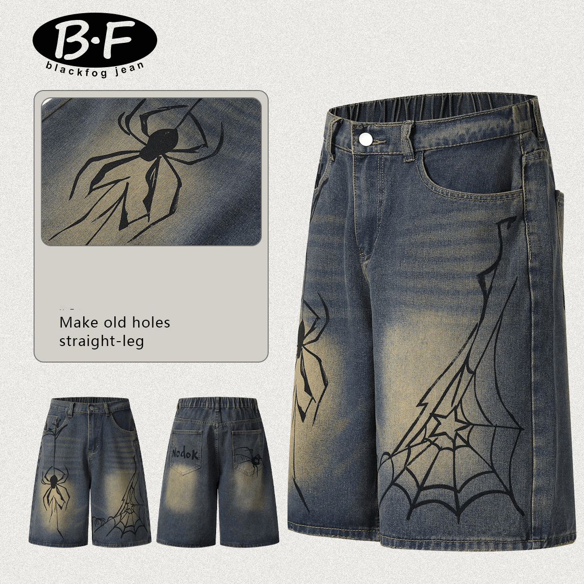 Men's Clothing Painted Spider Denim Shorts Loose Retro Distressed Blue Straight Shorts