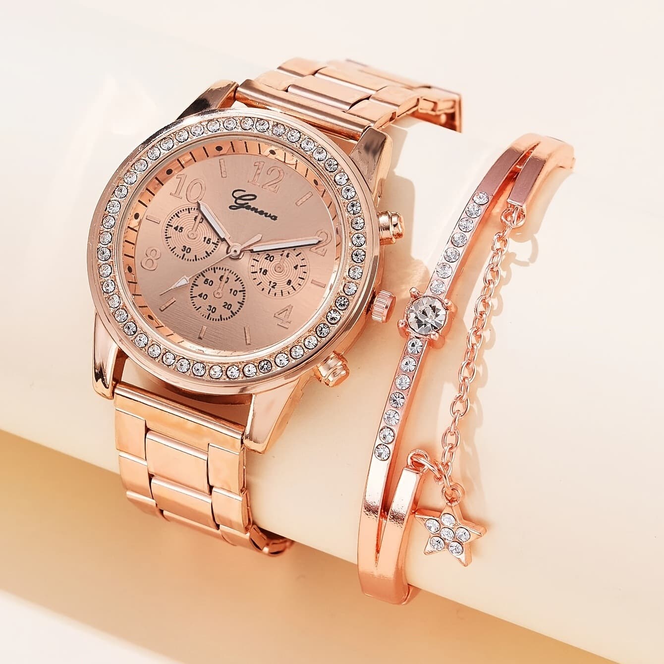 Steel Belt Women's Watch Geneva Three-eye women's casual Korean fashion two-piece bracelet quartz watch