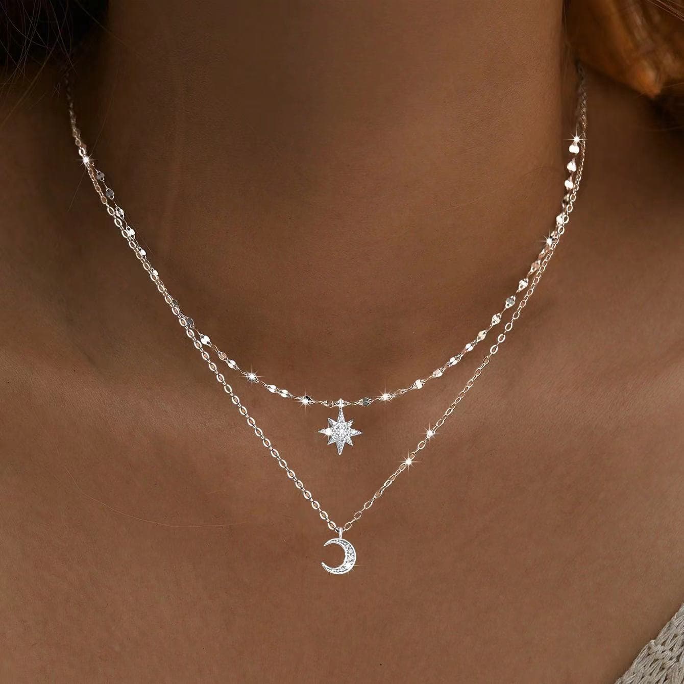 Chain Necklaces New Product S925 Sterling Silver Star And Moon Double Layer Necklace Versatile Light Luxury Female Niche Design Clavicle Chain