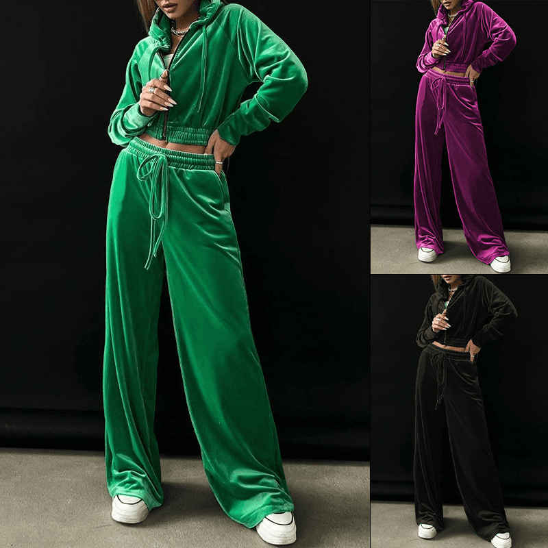 Women'sFashionable hooded sweatshirt and casual pants gold velvet set