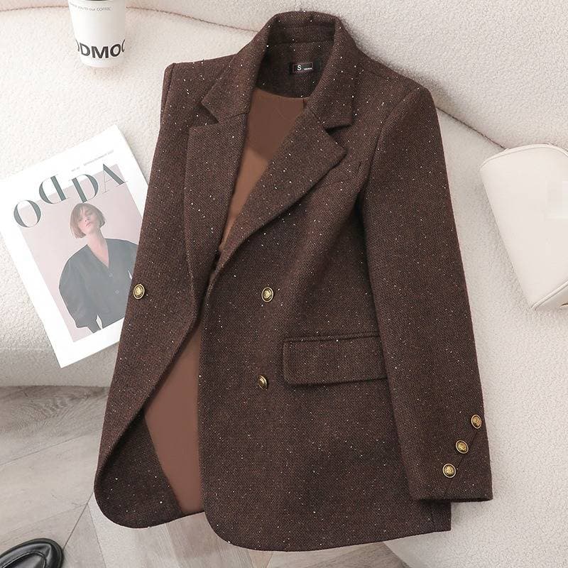 ​​Women's Wool Blend Tweed Blazer Coat For Autumn Winter - Slim Fit Double Breasted Office Jacket With Notch Lapel (Black, Brown, Red, Gray)​​