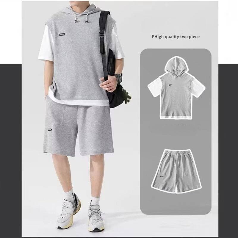 Men's Clothing Waffle Short Sleeved Sports Suit For Men In Spring And Summer With Hooded T Shirt And Shorts, Two Piece Set, Handsome Men's Clothing