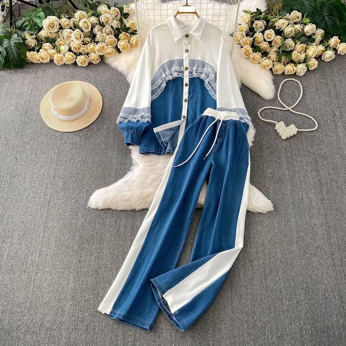​​Elegant Lace-Trimmed Denim Shirt & High-Waisted Wide-Leg Pants Set – Chic Two-Piece Outfit For Women (Black/White, One Size)​​