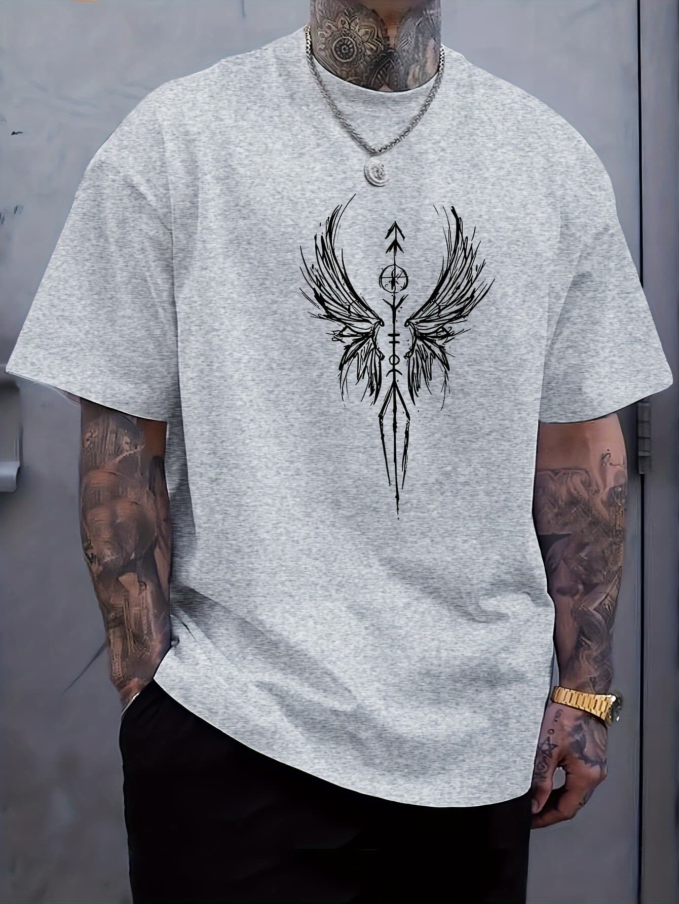 100% Pure Cotton Men's Summer Fashion Wings Graphic Print Casual Multifunctional Short Sleeved T-shirt Top