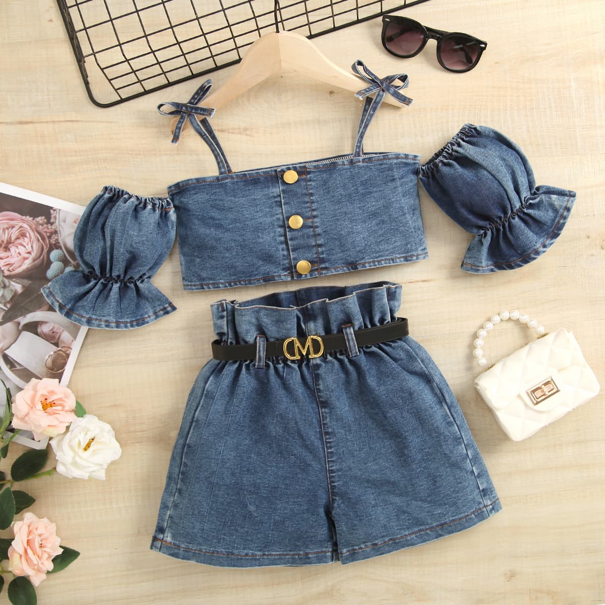 Baby Clothing Girls' Clothes Halter With Pinched Lantern Sleeves Single Breasted Cardigan Top High Waist With Belt Shorts