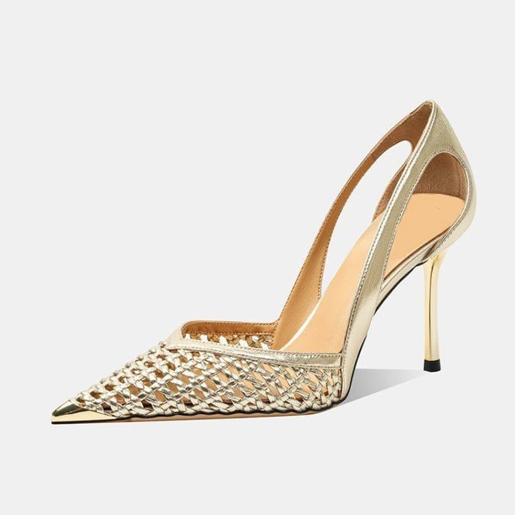 Women's Summer Stiletto Heels French Pointed Toe Hollowed out Breathable Low Cut Closed Toe Skirt Shoes