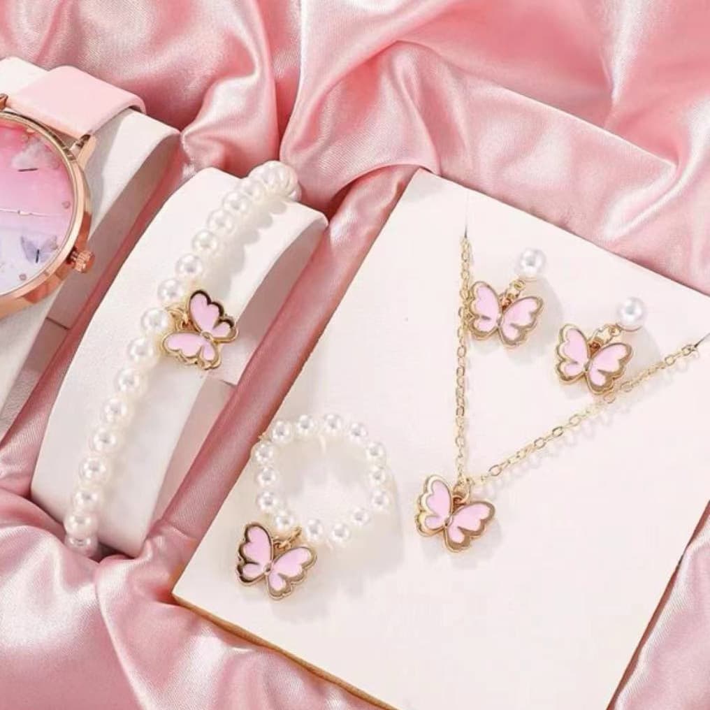 Popular children's jewelry set oil drop butterfly pendant pearl bracelet earrings necklace accessories female