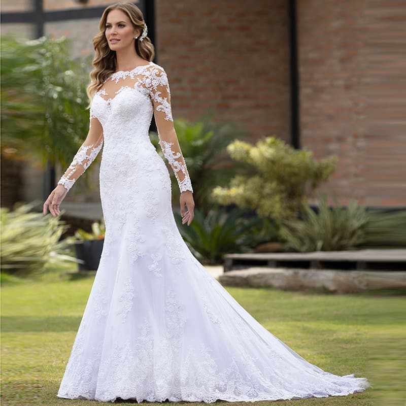 Women's wedding dress slim sexy long sleeves leaky back wedding