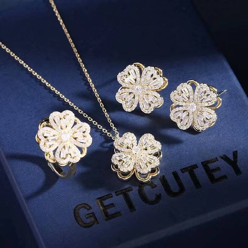 Unisex Jewelry Fashion Spinning Clover Jewelry Set – 925 Silver Earrings + Necklace + Ring (2 Colors)​