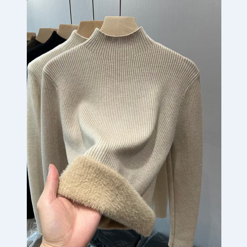 Ultra-Warm Fleece-Lined Knit Sweater For Women – Cozy High Neck Pullover In Black, Khaki, Beige, Brown & White