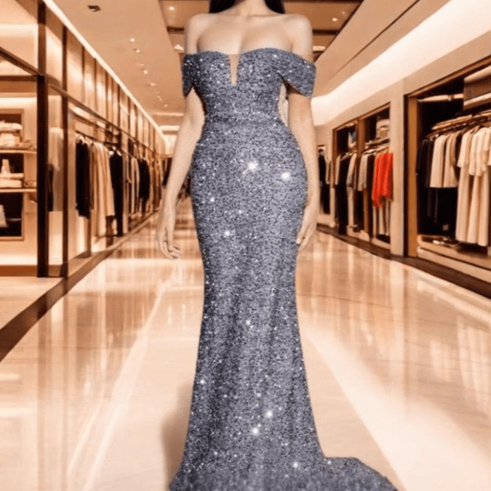 2025Cross border new sequins temperament commuting solid color mid waist one shoulder temperament solid color banquet long skirt evening dress
