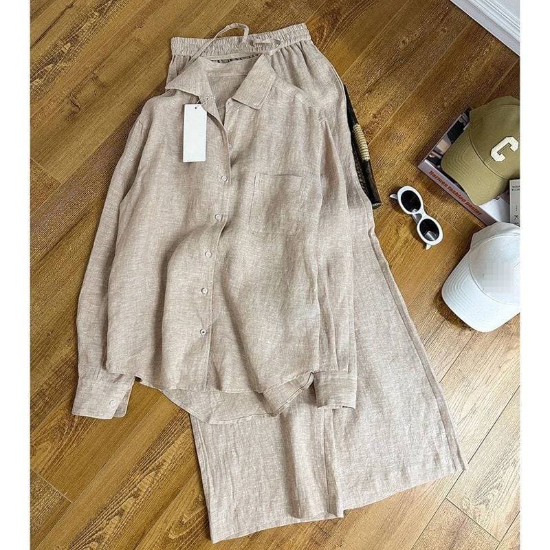 Women's Linen-Blend Polo Shirt & Wide-Leg Pants Set – Breathable Summer Outfit In Beige, White & Navy | Relaxed Fit With Korean Aesthetic