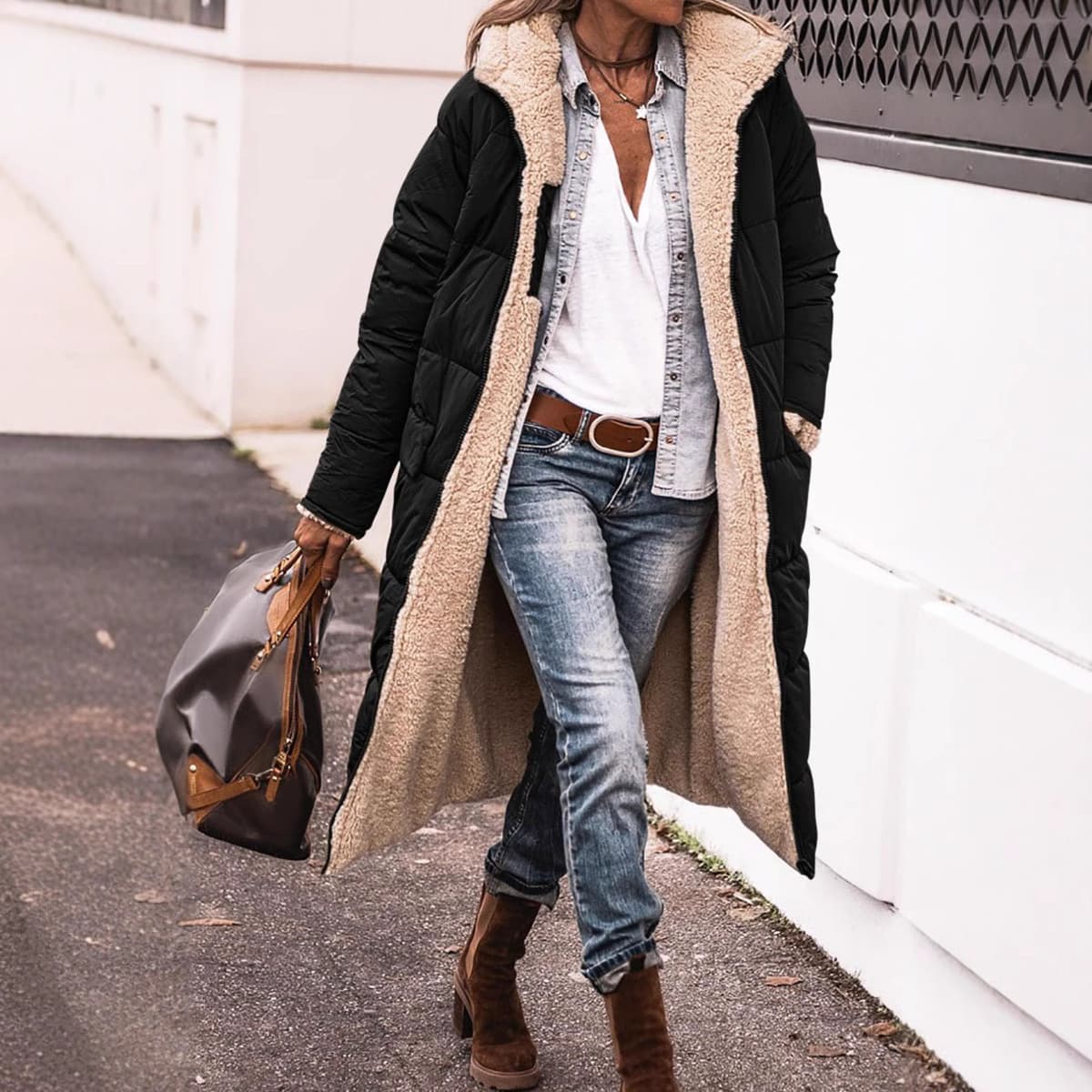 Women's Winter Warm Hooded Coat With Faux Fur Trim – Elegant A-Line Padded Jacket For Cold Weather