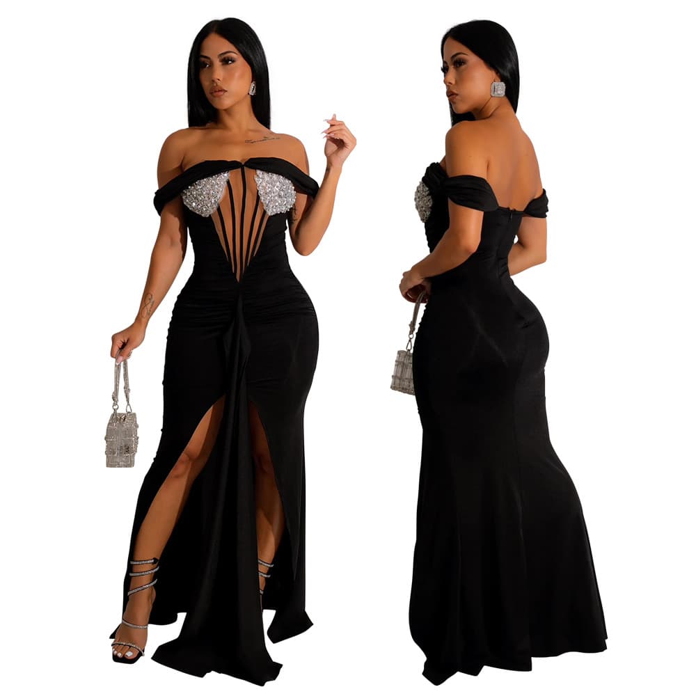 Women's Clothing New Fashion Fashion One Shoulder Slit Dress Sequined Dress Style