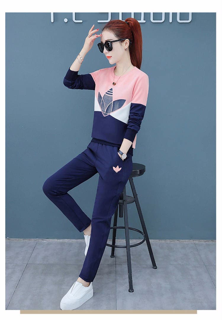 Women's Fashionable color matching loose sweatshirt + straight pants plus velvet two-piece set