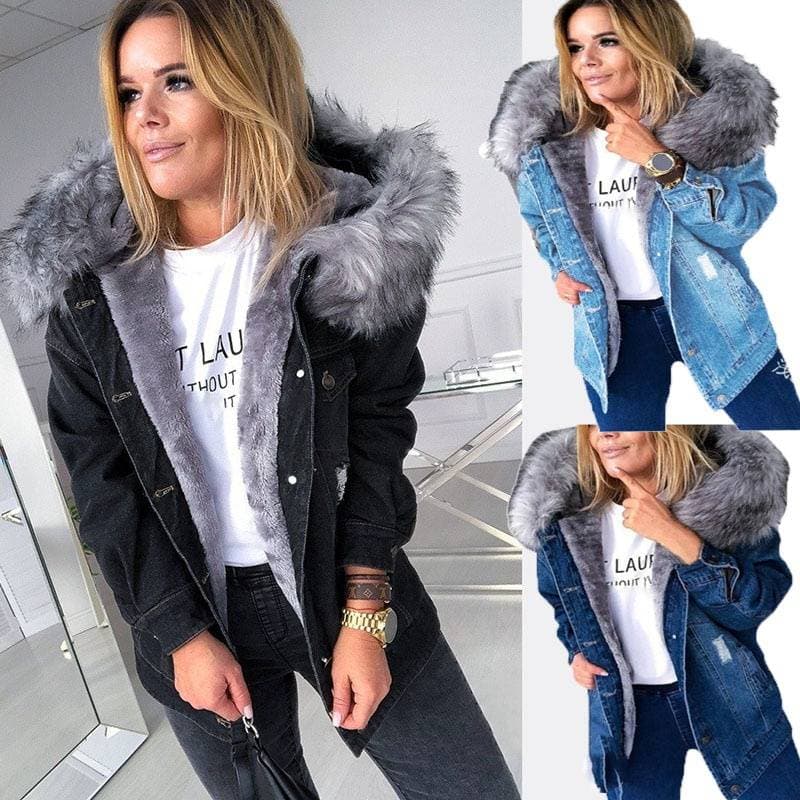 Women's Clothing New Plus Plush Collar Women's Slim Cotton Denim Jacket