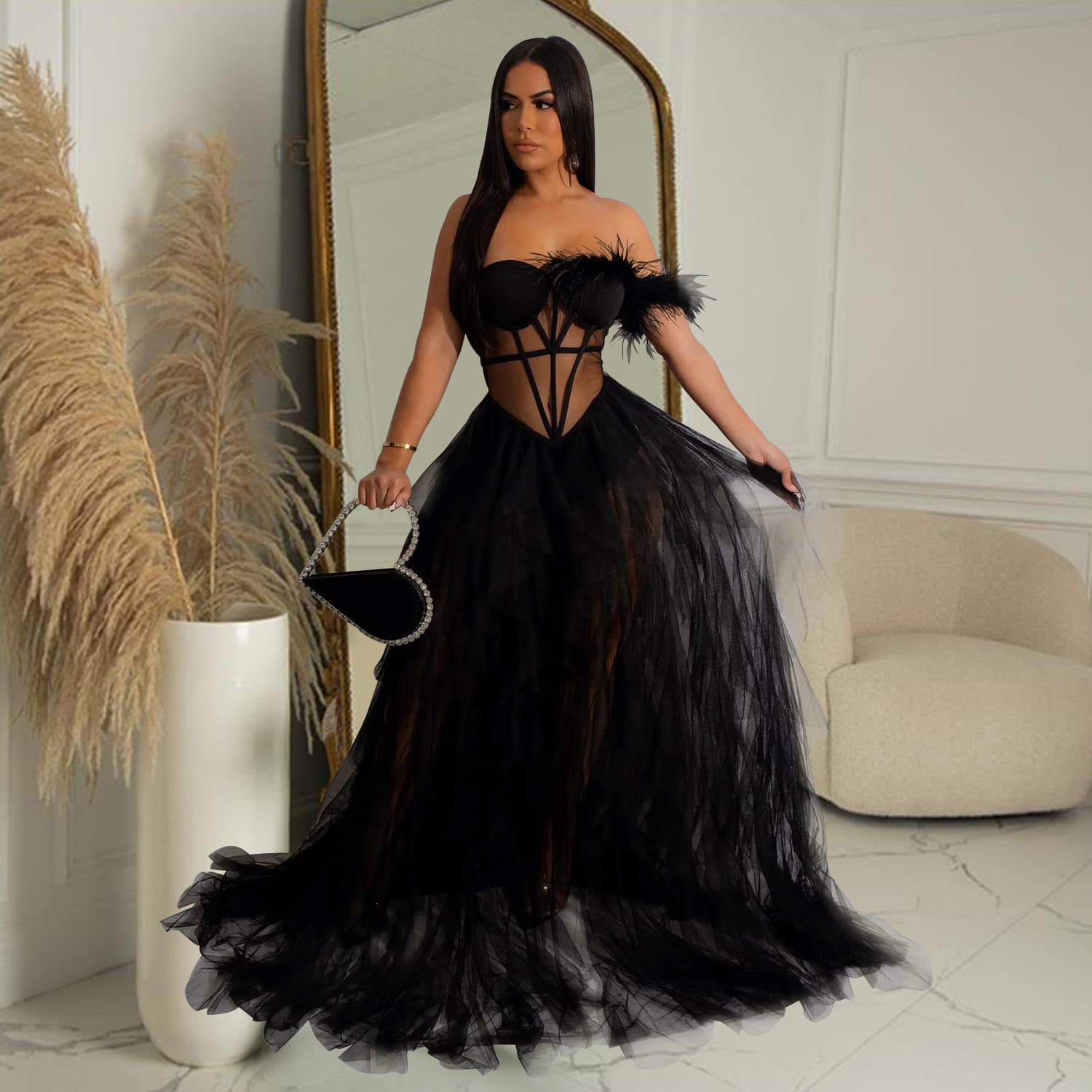 Women's Clothing Solid Color Sleeveless Chest Wrapped Mesh Long Skirt Dress