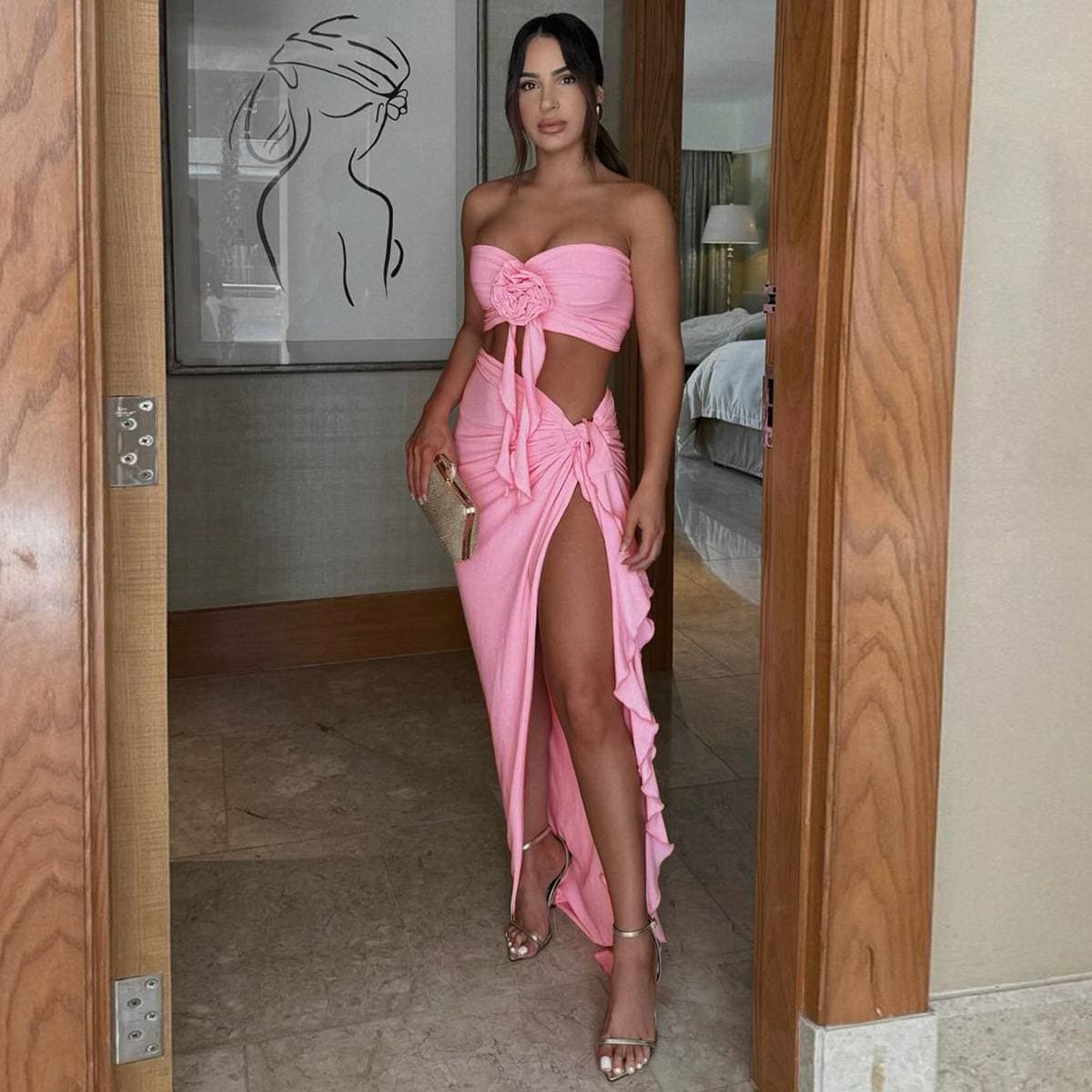 Women's Clothing Summer New Fashion Sexy Tube Top Slim Fit Pleated Slit Lace Up Suit