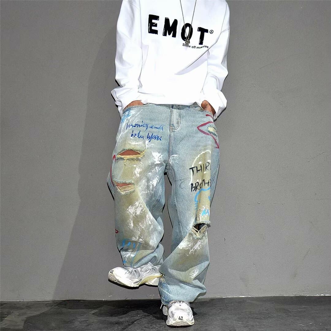 Men's Clothing Vibe High Street Personality Graffiti Loose Ripped Beggar Jeans Men's Niche Cool Wide Leg Trousers