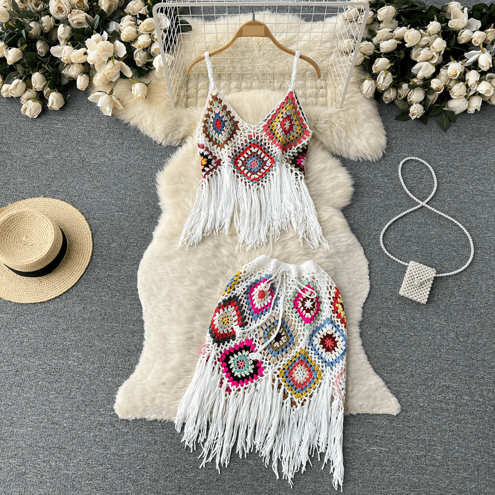 Ethnic style Vintage Embroidered Tassel knitted crocheted suit Women's Western style sling top + sexy short skirt two-piece set