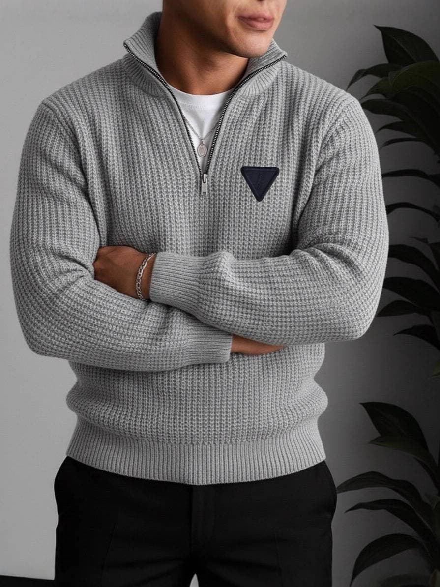 Men's Clothing Fashion Autumn/Winter New Triangle Logo Embroidered Badge Half-Zip Retro Knit Top