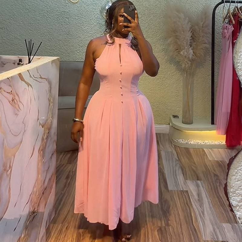 Elegant Striped High-Waisted A-Line Dress With Belt & Notched Collar – Sleeveless Summer Dress For Women