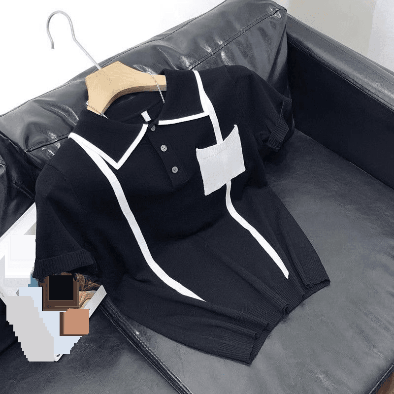 T-shirt d'été à manches courtes et revers en tricot pour hommes, 25 nouveaux polos tendance de style coréen en soie glacée aux couleurs contrastées