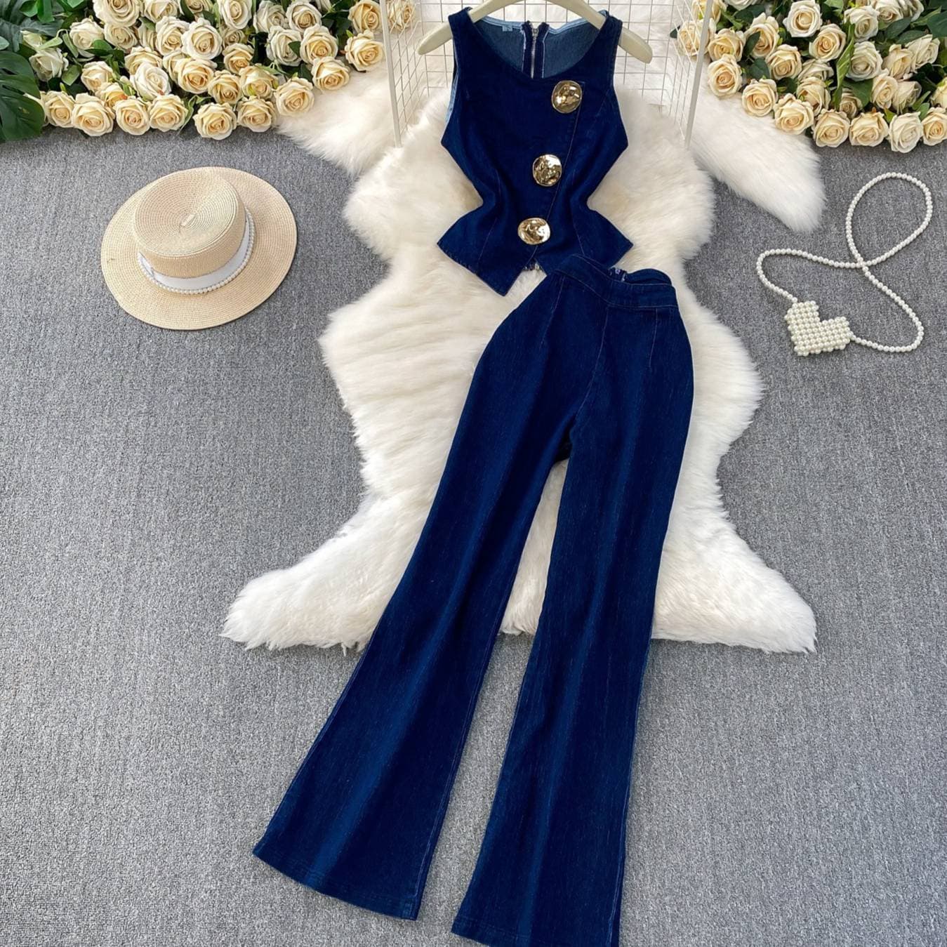 ​​Trendy Denim Vest & Wide-Leg Pants Set – Chic Metal Button Waistcoat + High-Waisted Flowy Trousers​​