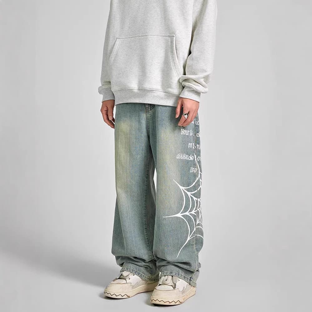 Streetwear Spiderweb Print Jeans | Straight-Leg Denim Pants For Men | High-Fashion Wide-Leg Trousers (Unisex Fit)
